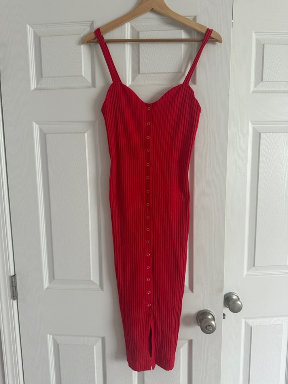 Zara Red Ribbed Button-Front Midi Dress
